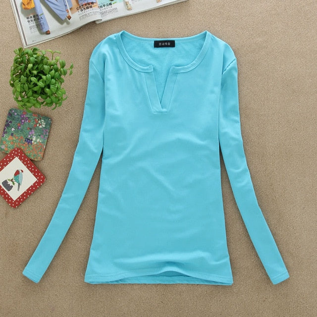 2019 solid 14 colors V-Neck  Blouses Sexy Slim Knitted Long Sleeve Chemise Femme Korean Tops for Women clothing Shirt Top Blouse