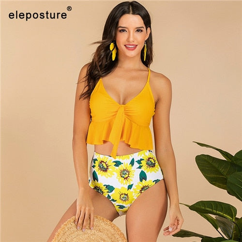 2020 Sexy High Waist Bikini Swimwear Women Ruffle Swimsuit Vintage Retro Bikini Set Plus Size Bathing Suits Summer Beachwear XXL