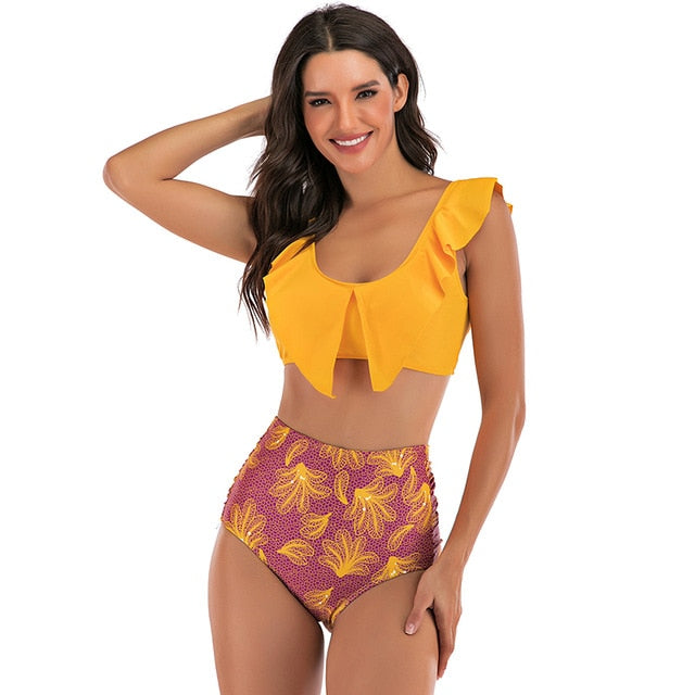 2020 Sexy High Waist Bikini Swimwear Women Ruffle Swimsuit Vintage Retro Bikini Set Plus Size Bathing Suits Summer Beachwear XXL