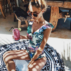 2020 Sexy One Piece Swimsuit Female Swimwear Women V Neck Bathing suit Striped Beach wear Ruffled Bodysuit High Waist Monokini