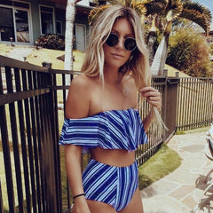 2020 Sexy bikini Set High Waist Swimwear Women Striped Biquini Ruffled Swim Bathing Suit White Blue Swimsuit Vintage Bikinis