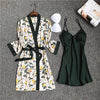 Image of 2020 Spring Autumn Women Silk Pajamas Sets With Chest Pads Flower Print Pijama Sleepwear 4 Pieces Spaghetti Strap Satin Pyjamas