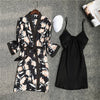 Image of 2020 Spring Autumn Women Silk Pajamas Sets With Chest Pads Flower Print Pijama Sleepwear 4 Pieces Spaghetti Strap Satin Pyjamas