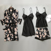 Image of 2020 Spring Autumn Women Silk Pajamas Sets With Chest Pads Flower Print Pijama Sleepwear 4 Pieces Spaghetti Strap Satin Pyjamas