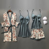 Image of 2020 Spring Autumn Women Silk Pajamas Sets With Chest Pads Flower Print Pijama Sleepwear 4 Pieces Spaghetti Strap Satin Pyjamas