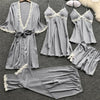 Image of 2020 Women Satin Sleepwear 5 Pieces Pyjamas Sexy Lace Pajamas Sleep Lounge Pijama Silk Night Home Clothing Pajama Suit