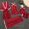 Image of 2020 Women Satin Sleepwear 5 Pieces Pyjamas Sexy Lace Pajamas Sleep Lounge Pijama Silk Night Home Clothing Pajama Suit