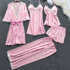 Image of 2020 Women Satin Sleepwear 5 Pieces Pyjamas Sexy Lace Pajamas Sleep Lounge Pijama Silk Night Home Clothing Pajama Suit
