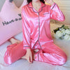 Image of 2PCS Pajamas Sets Women Lapel Imitation Silk Long Sleeve Home Wear Ladies Mujer Sexy Satin Tops+Pants Nightgown Sleepwear Autumn