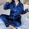 Image of 2PCS Pajamas Sets Women Lapel Imitation Silk Long Sleeve Home Wear Ladies Mujer Sexy Satin Tops+Pants Nightgown Sleepwear Autumn