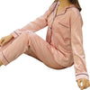 Image of 2PCS Pajamas Sets Women Lapel Imitation Silk Long Sleeve Home Wear Ladies Mujer Sexy Satin Tops+Pants Nightgown Sleepwear Autumn