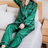 Image of 2PCS Pajamas Sets Women Lapel Imitation Silk Long Sleeve Home Wear Ladies Mujer Sexy Satin Tops+Pants Nightgown Sleepwear Autumn