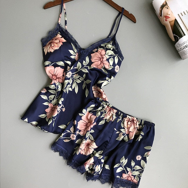 2pcs set Women Silk Satin Lace Crop Tops Shorts Female Floral Print Lace 2020 Summer New Sleepwear Babydoll Nightdress Pajamas