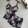 Image of 2pcs set Women Silk Satin Lace Crop Tops Shorts Female Floral Print Lace 2020 Summer New Sleepwear Babydoll Nightdress Pajamas
