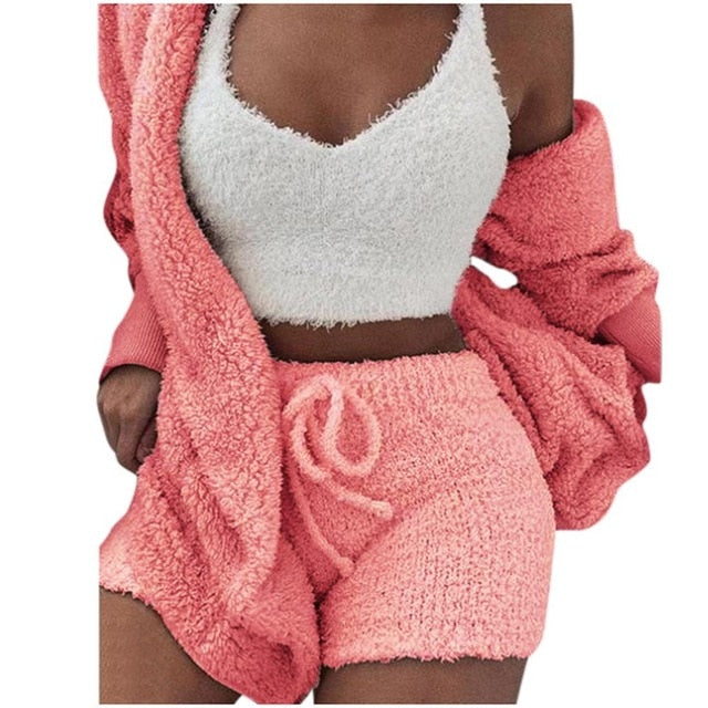 3XL Women Coral Velvet Pajamas Set Autumn Winter Warm Pajamas Three Piece Set Sleepwear Crop Tops Short Pants And Coat #1223