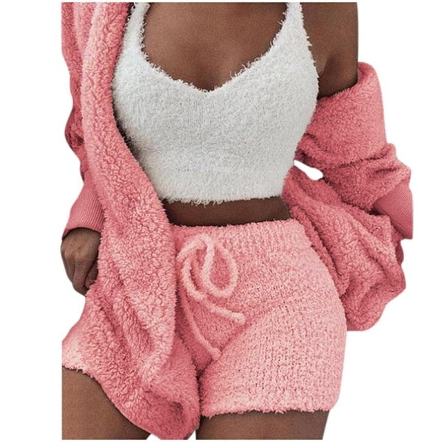 3XL Women Coral Velvet Pajamas Set Autumn Winter Warm Pajamas Three Piece Set Sleepwear Crop Tops Short Pants And Coat #1223
