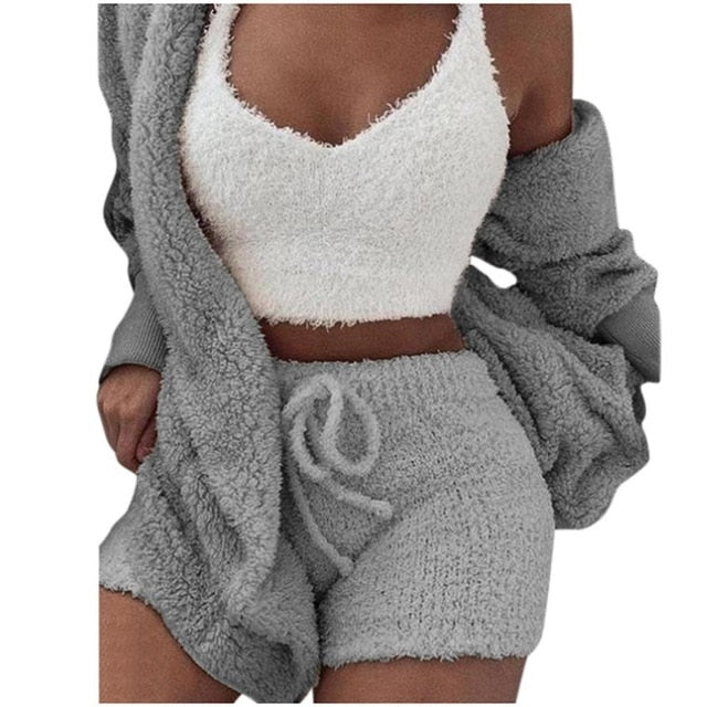 3XL Women Coral Velvet Pajamas Set Autumn Winter Warm Pajamas Three Piece Set Sleepwear Crop Tops Short Pants And Coat #1223