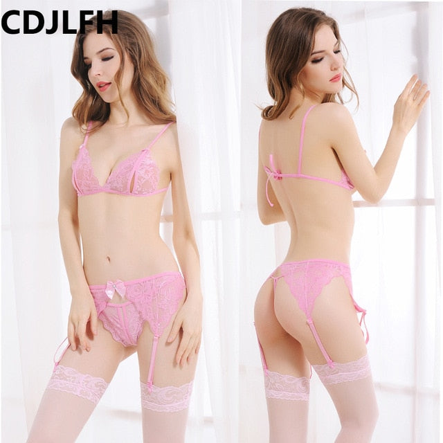 4Pcs/Set Bra & Brief Sets Intimates Plus Size Womens Sexy Lingerie Lace Flower Push Up Top Bra And Panty Set Women Underwear Set