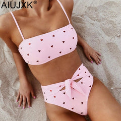 AIUJXK New Fashion Heart Print Bandage Biquini Women Sexy Underwear Bra Set Ladies High Waist Lingerie Pink 2 Piece Swimsuit