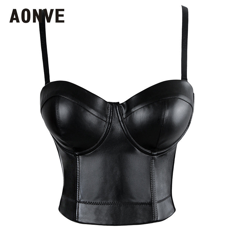 AONVE Women Steampunk Corset Bra Tops Leather PU Bralette Push up Bras for Women Waist Trainer Slimming Underwear Short Top