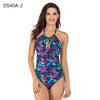 Image of Aikulli Women One Piece Swimsuit Tummy Control Swimwear Halter Bathing Suits Sexy V Neck Backless Print Monokini Ruched Bikini