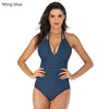 Image of Aikulli Women One Piece Swimsuit Tummy Control Swimwear Halter Bathing Suits Sexy V Neck Backless Print Monokini Ruched Bikini