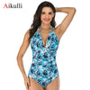 Image of Aikulli Women One Piece Swimsuit Tummy Control Swimwear Halter Bathing Suits Sexy V Neck Backless Print Monokini Ruched Bikini
