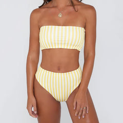 Ariel Sarah 2019 Sexy Yellow Striped Strapless Bandeau Biquini Cut High Waist Swim Bathing Suit Swimsuit Swimwear Women Bikini