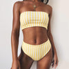 Image of Ariel Sarah 2019 Sexy Yellow Striped Strapless Bandeau Biquini Cut High Waist Swim Bathing Suit Swimsuit Swimwear Women Bikini