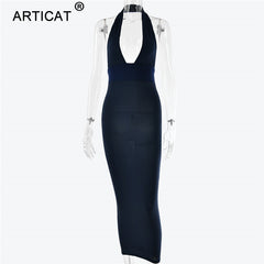 Articat Halter Backless Sexy Knitted Pencil Dress Women White Off Shoulder Long Bodycon Party Dress Elegant Summer Dress 2019