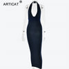 Image of Articat Halter Backless Sexy Knitted Pencil Dress Women White Off Shoulder Long Bodycon Party Dress Elegant Summer Dress 2019
