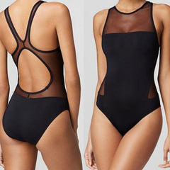 Athletic Mesh Bikini Women Swimwear Solid Black Swimsuit Sexy Backless Elastic Beachwear High Neck One Piece Halter Swimwear