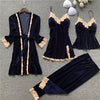 Image of Autumn 4 Pieces Women Pajamas Sets Gown & Robe Sleepwear Velvet Nightwear Pyjama Strap Sleep Lounge Set Pijama with Chest Pad