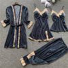 Image of Autumn 4 Pieces Women Pajamas Sets Gown & Robe Sleepwear Velvet Nightwear Pyjama Strap Sleep Lounge Set Pijama with Chest Pad