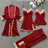 Image of Autumn 4 Pieces Women Pajamas Sets Gown & Robe Sleepwear Velvet Nightwear Pyjama Strap Sleep Lounge Set Pijama with Chest Pad