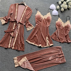 Autumn 4 Pieces Women Pajamas Sets Gown & Robe Sleepwear Velvet Nightwear Pyjama Strap Sleep Lounge Set Pijama with Chest Pad