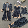Image of Autumn 4 Pieces Women Pajamas Sets Gown & Robe Sleepwear Velvet Nightwear Pyjama Strap Sleep Lounge Set Pijama with Chest Pad