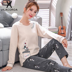 Autumn Winter Cotton Print Women's Pajamas Round Neck Long Sleeve Top Long Pant Pajamas Set Woman Sleepwear Girls Pyjamas Women