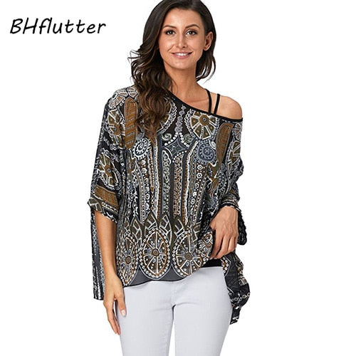 BHflutter Women Blouses Plus Size 2019 New Style Batwing Casual Summer Blouse Shirt Woman Boho Chiffon Shirts Tops Chemise Femme
