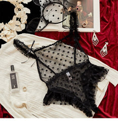 Backless Mesh Dot Ruffles Pajama Onesie Women Romper Sleepwear Hot Transparent Lace Sexy Kigurumi Jumpsuit Bodysuits Lingerie