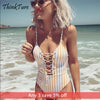 Image of Bathing Suit Women Bikini 2019 Striped Triangle One Piece Swimsuit Halter Backless Rope Drawstring Bandage Female Girls Swimwear