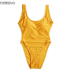 Belleziva Sexy U Neck Flouncing High Cut Backless One Piece SwimSuit For Women Solid Swimwear Monokini Bathing Suit