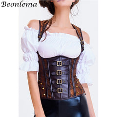 Beonlema PU Leather Corset Korset Underbust Steampunk Gothic Sexy Lace Up Corsets Top Bustier Brown Punk Goth Corselet Corset