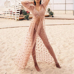 Bikinx Mesh Cover up saida de praia Pink dot swimsuit cover-ups Kimono summer fashion beach women Long beach dress 2019 tunic