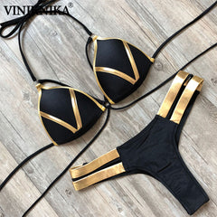 Black Bandage Swimsuit 2019 Sexy Brazilian Bikini Push Up Swimwear Women Micro Bikinis Plus Size Beachwear Shiny Gold Beachwear