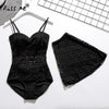 Image of Black Lace One-Piece Swimsuit See Through Look Sexy Swimwear Monokini With Skirt Sling Halter Top Underwire Swimming Suit