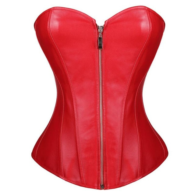 Black/Red Faux Leather Corset Sexy Clubwear Bustier Hot Lingerie Zipper Plus size Waist Cincher Top S-6XL