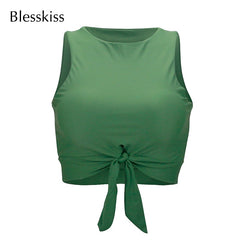 Blesskiss Swim Crop Top Women Bikini Top High Neck Knot Swimwear Swimsuit Bathing Suit Tops Plus Size Swimming Bra Sport Shirt
