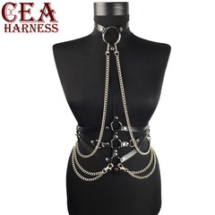 CEA.HARNESS Woman Leather Harness With Chain Punk Style PU Leather Bra Belts Sexy Lingerie Body Bondage Caged Gothic Bra Garters