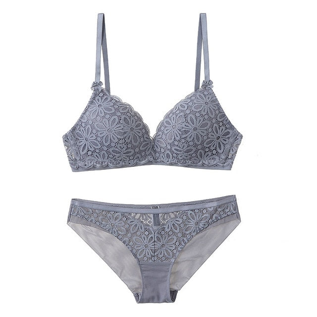 CINOON Sexy Lace 3/4 Cup Bra Sets For Women Wireless Thin Cotton Breathable Comfortable Underwear Solid color Lingerie Set